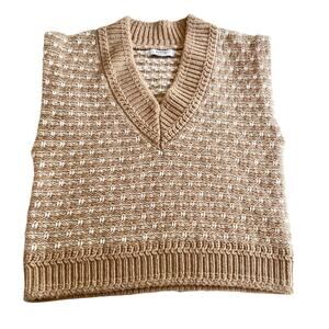 Suncoo Tan Parisian Chunky Knit V-Neck Sleeveless Sweater Vest Academia Preppy